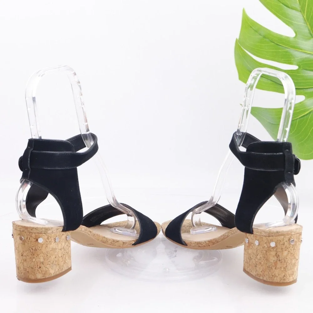 Vince Camuto Women Baeden Sandal Size 9.5 Black Suede Ankle Strap Cork Heel Shoe